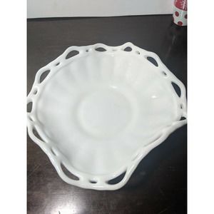 Vintage Fostoria Milk glass Open Lace Edge Console Bowl